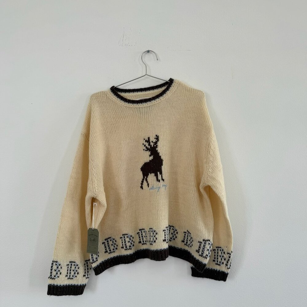Dairy Boy Cream Reindeer Knit Sweater NWT Brown Trim Holiday Cottagecore Size M